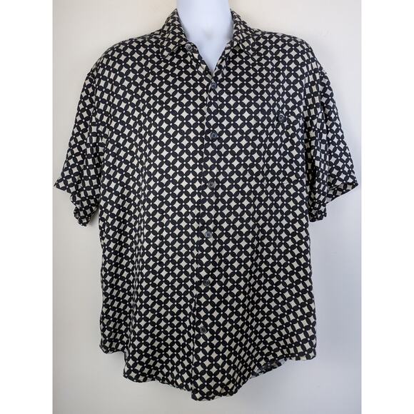 Roundtree Yorke Silk Shirt Large Black Ivory Geometric Button Front Casual - Picture 11 of 11